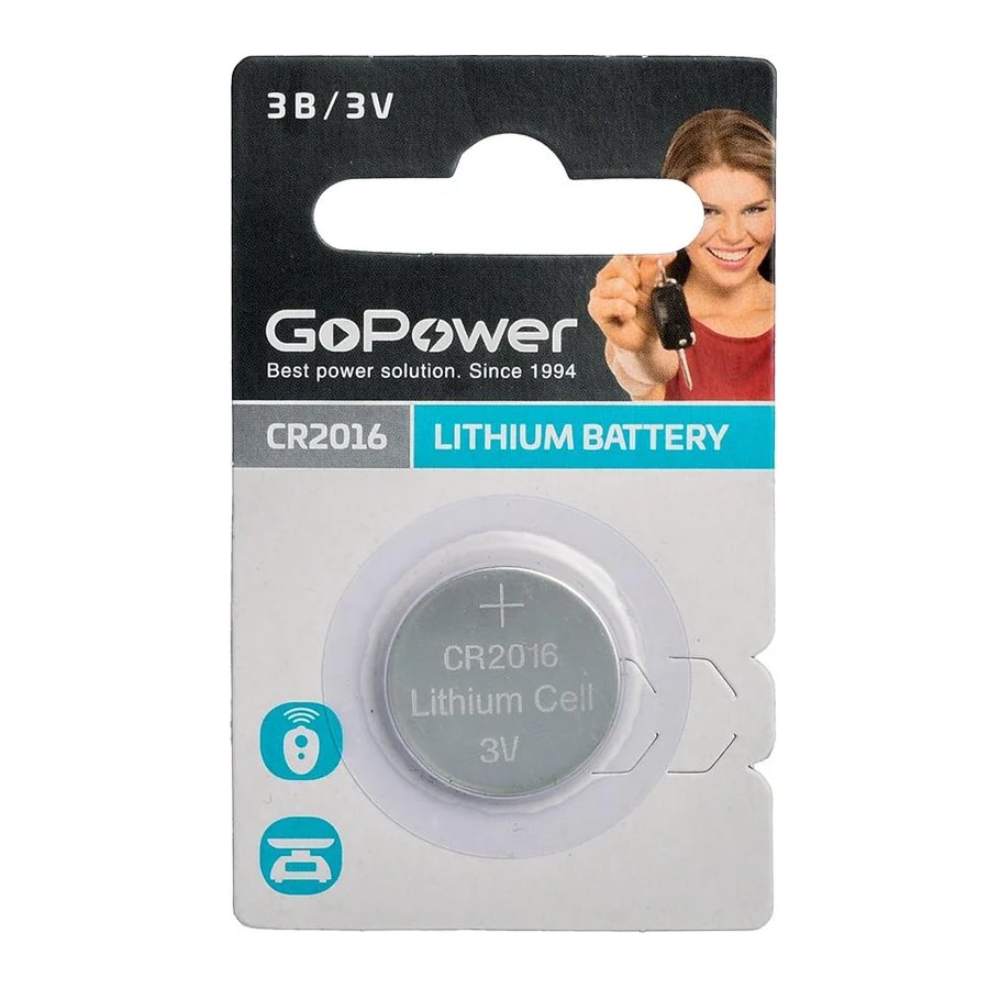 Батарейка GoPower CR2016 3V литиевая, 1 штука