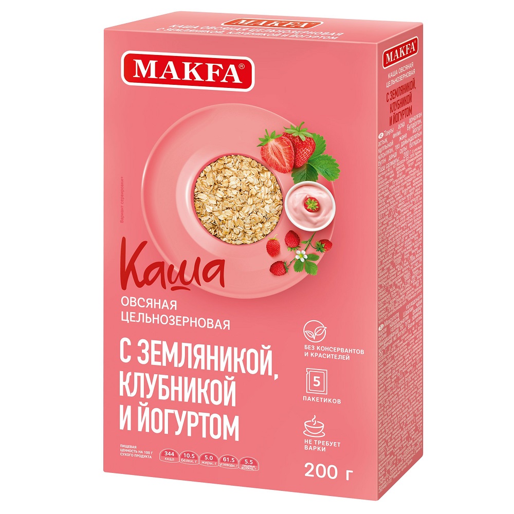 Каша овсяная цельнозерновая Makfa с земляникой, клубникой и йогуртом, на фруктозе, 200 г (5 шт х 40 г)
