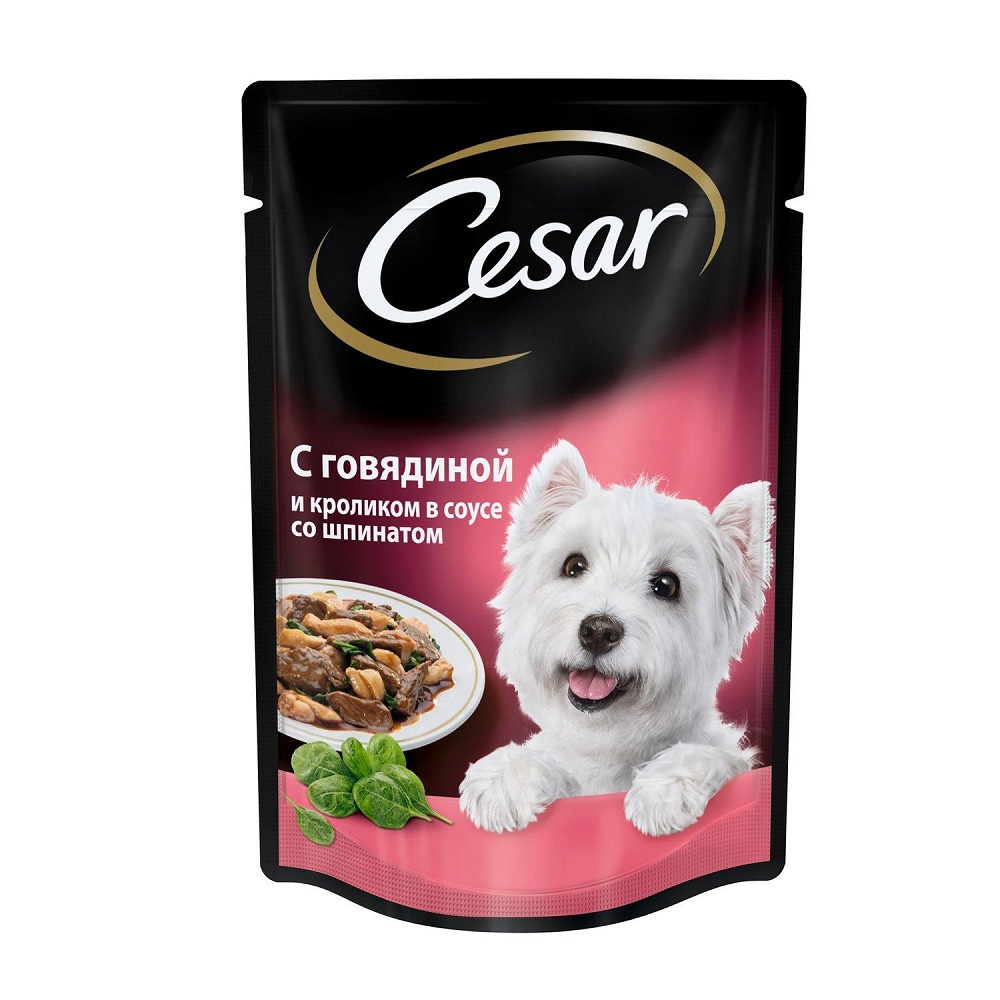 Корм влажный Cesar для взрослых собак с говядиной и кроликом в соусе со шпинатом, 85 г