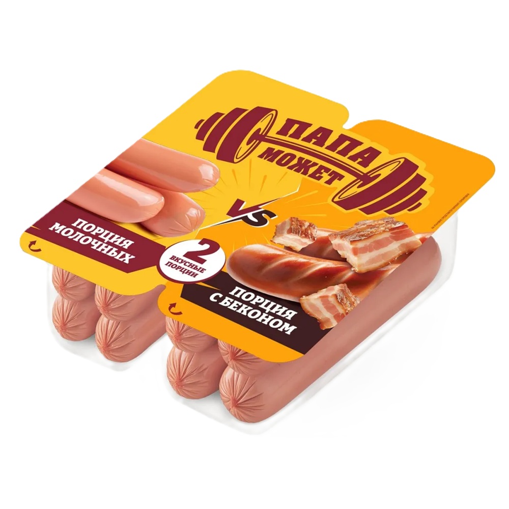 Сосиски Папа Может Ассорти молочные и с беконом, 400 г