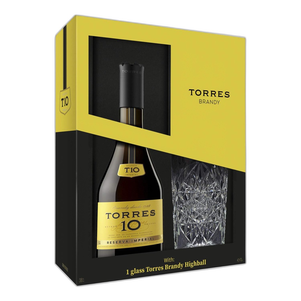 Бренди Торрес 38% 10 Солера Гран Резерва 0.7 л + 2 стакана под уп  Испания  - интернет-магазин Близнецы