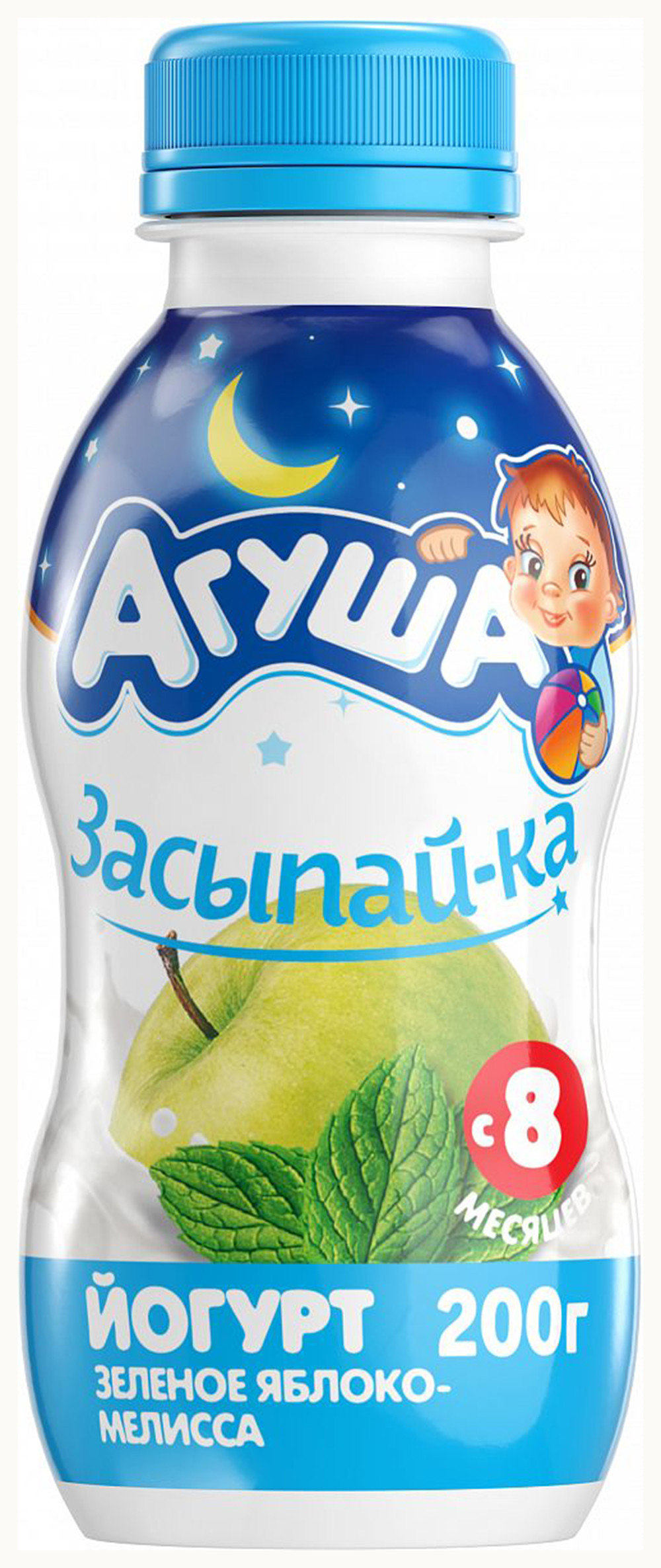 Детский йогурт. Йогурт Агуша засыпай-ка зеленое яблоко/Мелисса 2.7% 200. Йогурт питьевой 