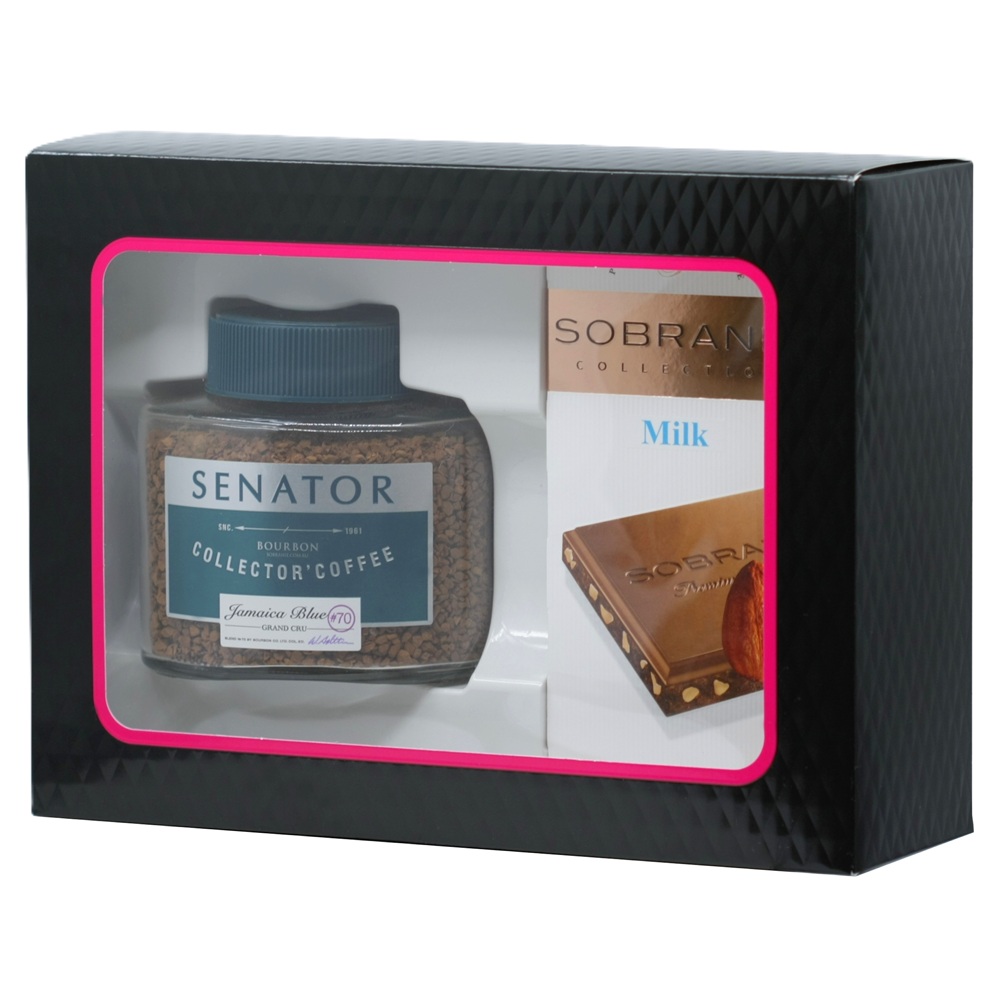 Набор кофе подарочный Senator Jamaica Blu растворимый + шоколад молочный Sobranie с орехами, 90 г + 90 г