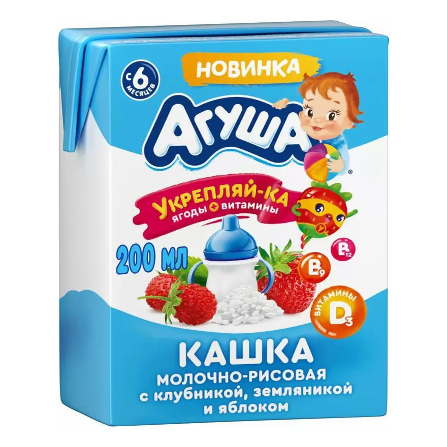 Д.п. Каша 2.5% молоч-рисовая  Агуша Укрепляй-ка клубника земляника яблоко  211г  шт         - интернет-магазин Близнецы