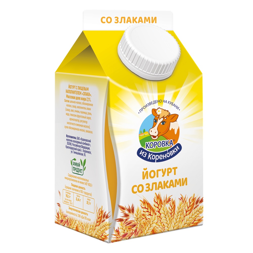 Йогурт 2.1% Коровка из Кореновки злаки 450г шт   - интернет-магазин Близнецы