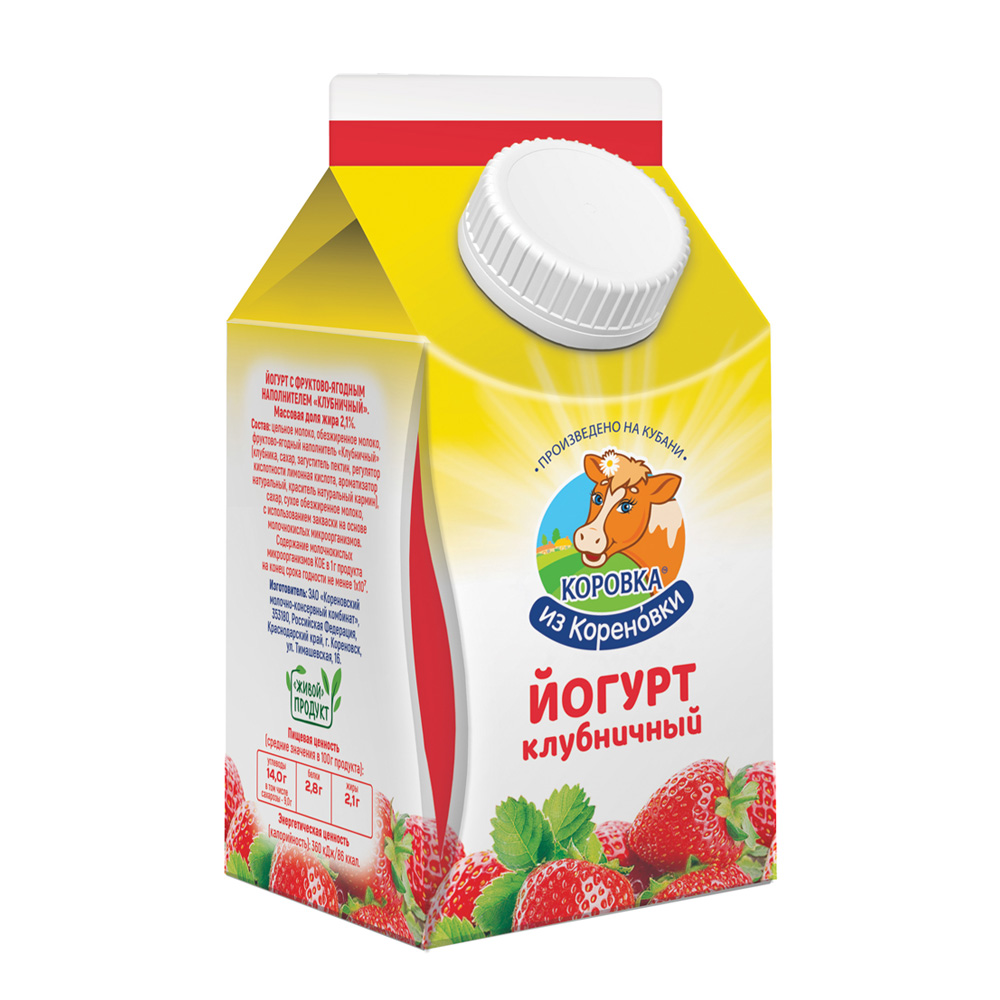 Йогурт питьевой Коровка из Кореновки с фруктово-ягодным наполнителем клубничный 2,1%, 450 г