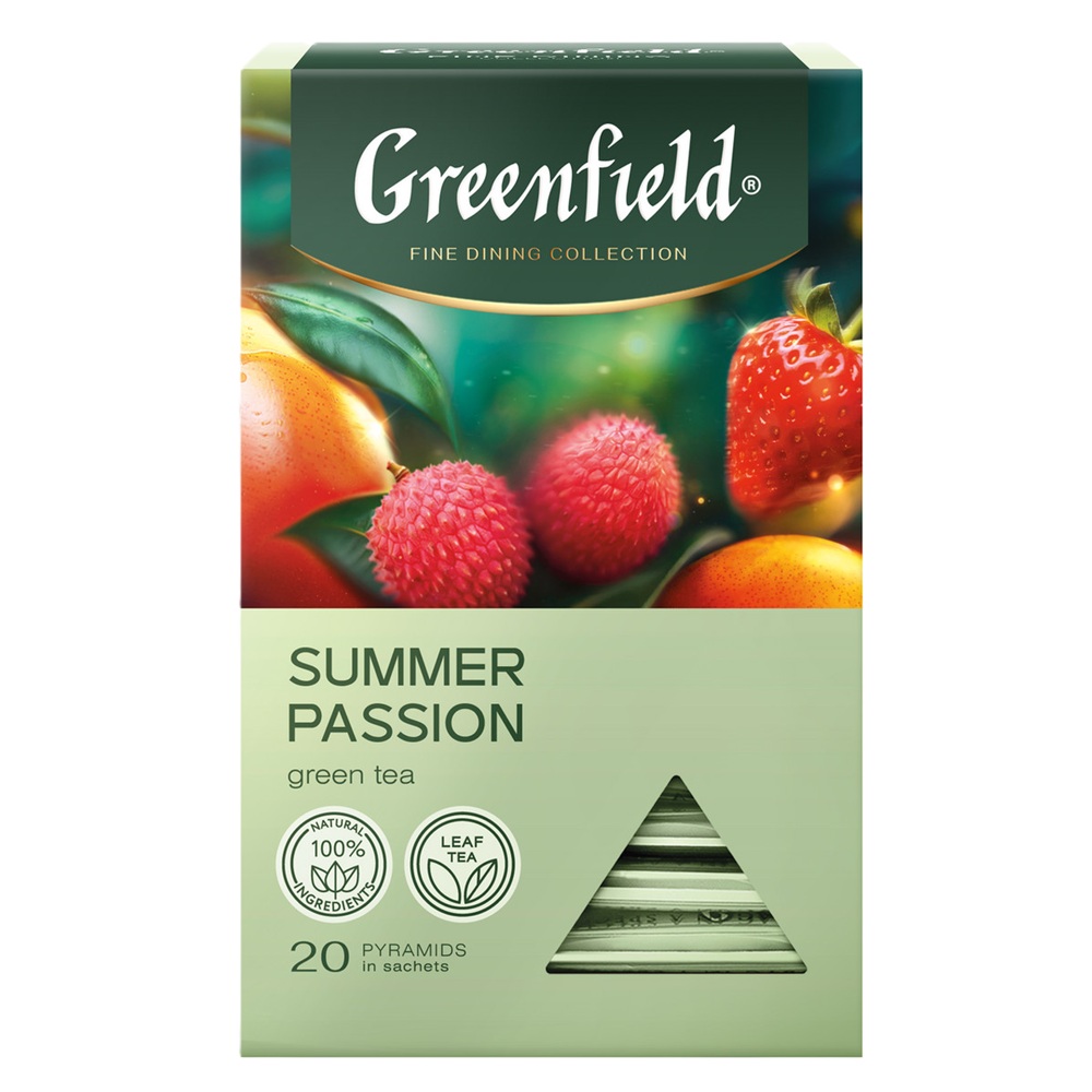 Чай Greenfield Summer Passion зеленый с ароматом манго, личи и клубникой в пирамидках, 36 г (20 шт х 1,8 г)