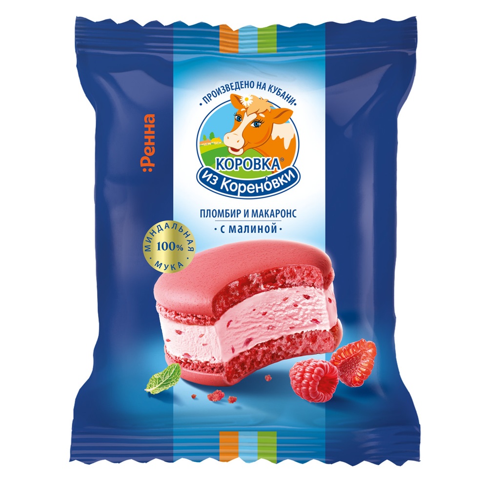Мороженое Коровка из Кореновки сэндвич-пломбир с малиной в печенье макаронс, 70 г