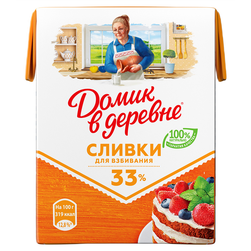 Сливки для взбивания Домик в деревне стерилизованные 33%, 200 г