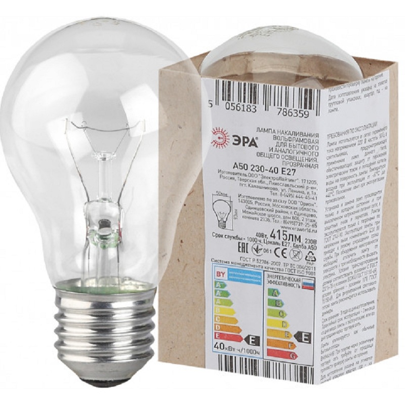Лампа Накаливания Эра E27 40Вт А50  ЛОН - интернет-магазин Близнецы